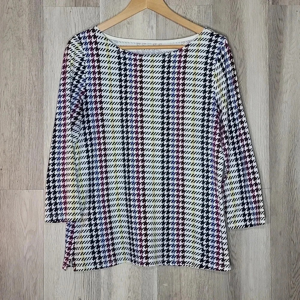 Talbots Colorful Houndstooth Plaid Pattern 3/4 Sleeve Blouse‎ Womens Medium